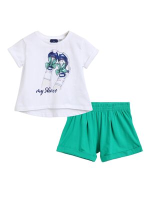 Girls White & Green Printed T-Shirt with Short Pants